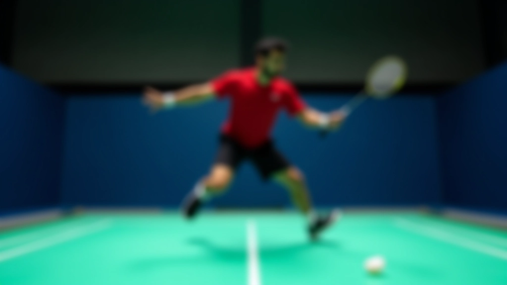 لاعب يقفز بحركة متقاطعة على أرضية ملعب كرة الريشة مع ركبتيه مرفوعة عالياً