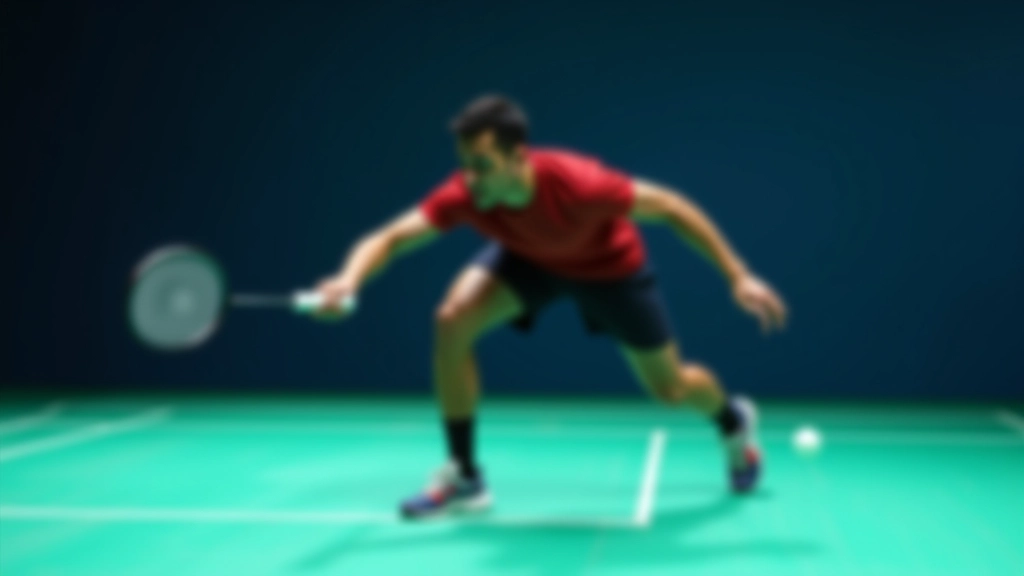 لاعب كرة ريشة في وضع الاندفاع السريع للأمام على ملعب متخصص مع إضاءة احترافية