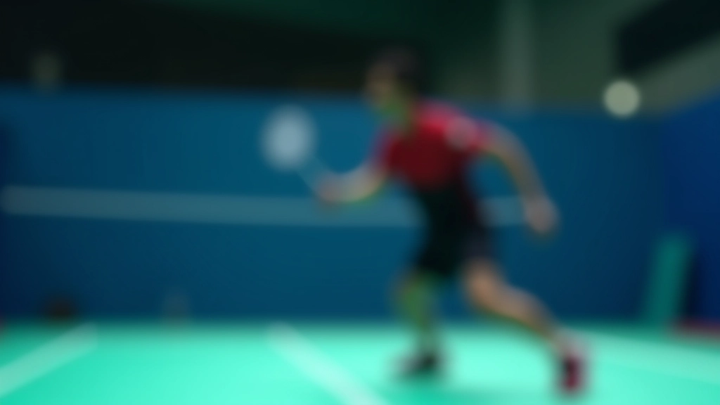 لاعب كرة ريشة يؤدي تمرين خطوات الجانب السريعة على ملعب بألوان زاهية